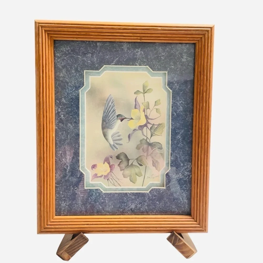 VTG Framed Hummingbird Botanical Prints Set of 2 Wood Frames Cottage Decor